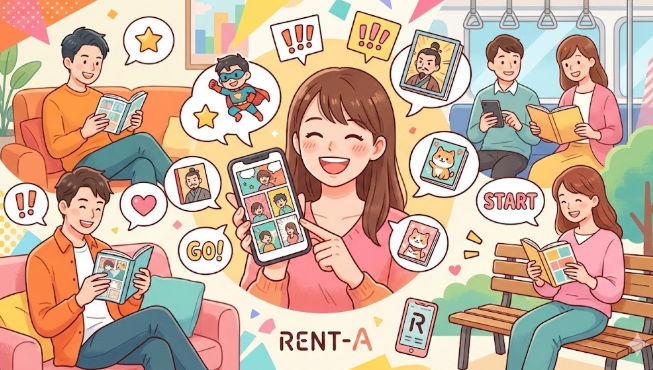 電子書籍サービス「レンタ」の広告用イラスト。中央に笑顔でスマートフォンを操作する女性が配され、その周囲で老若男女がソファーやベンチ、電車内で楽しそうにマンガを読んでいる様子が描かれている。女性のスマホ画面にはマンガのコマが表示され、周囲にはスーパーヒーローや動物、歴史上の人物などのキャラクターアイコンと、「GO!」「START」という文字の入った吹き出しがポップなスタイルで舞っている。下部には「RENT-A」という文字と、端末のアイコンがある。